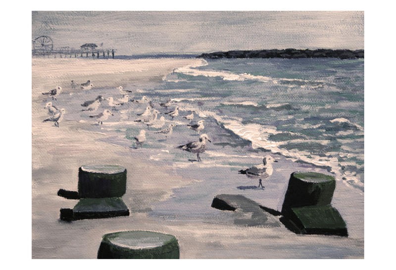 Donna Sinisgalli, BEACH VISITORS II (Meer, Strand, Möwen, Meeresbrise,  maritim,  Malerei, Wunschgröße, Badezimmer, Treppenhaus, bunt)