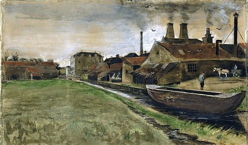 Vincent van Gogh, Das Eisenwerk in Den Haag. 1882 (Eisenwerk, Industrialisierung, Fabrik, Schornsteine, Kanal, Boot, Gouache/Aquarell/Tusche, Klassische Moderne, Impressionismus, Wohnzimmer, Treppenhaus, Wunschgröße, bunt)