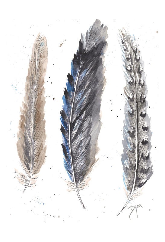 Beverly Dyer, FEATHER TRIO (Federn, Vogelfedern,  Schlafzimmer, Wohnzimmer, Treppenhaus, Malerei, Wunschgröße, bunt)