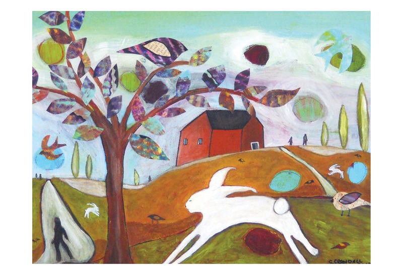 Shannon Crandall, SILLY RABBIT (Landschaft, weißer Hase, Baum, Vogel, naiv, plakativ, Grafik, Schlafzimmer, Kinderzimmer, Wunschgröße, bunt)