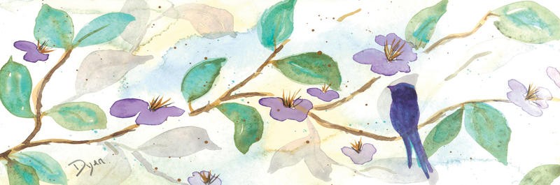 Beverly Dyer, PURPLE DUO I (Zweig, Vogel, Aquarell, Schlafzimmer, Wohnzimmer, Treppenhaus, Malerei, Wunschgröße, bunt)