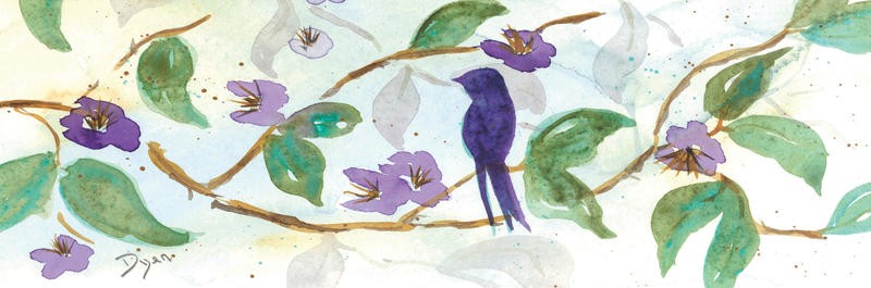 Beverly Dyer, PURPLE DUO II (Zweig, Vogel, Aquarell, Schlafzimmer, Wohnzimmer, Treppenhaus, Malerei, Wunschgröße, bunt)