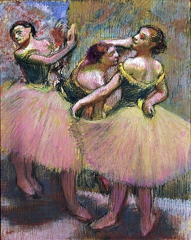 Edgar Degas, Drei Tänzerinnen mit grünen Korsagen. Um 1900 (Degas,Edgar,1834-1917,Christie's Images Ltd,Pastell auf Papier,auf Karton,19. Jahrhundert,Edgar Degas,Impressionismus,Tanz,Tänzerin,Tänzerinnen,Tutu,Bühne,Pastell,Ballett,Ballerina,drei,rosa, französischer impressionismus,französisch,impressionistisch)