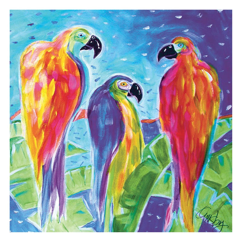 Anne Ormsby, PARROT PARADE I (Aras, Papageien, Vögel, Exotisch, Tierportrait, Malerei, Wunschgröße, Wohnzimmer, Treppenhaus, bunt)