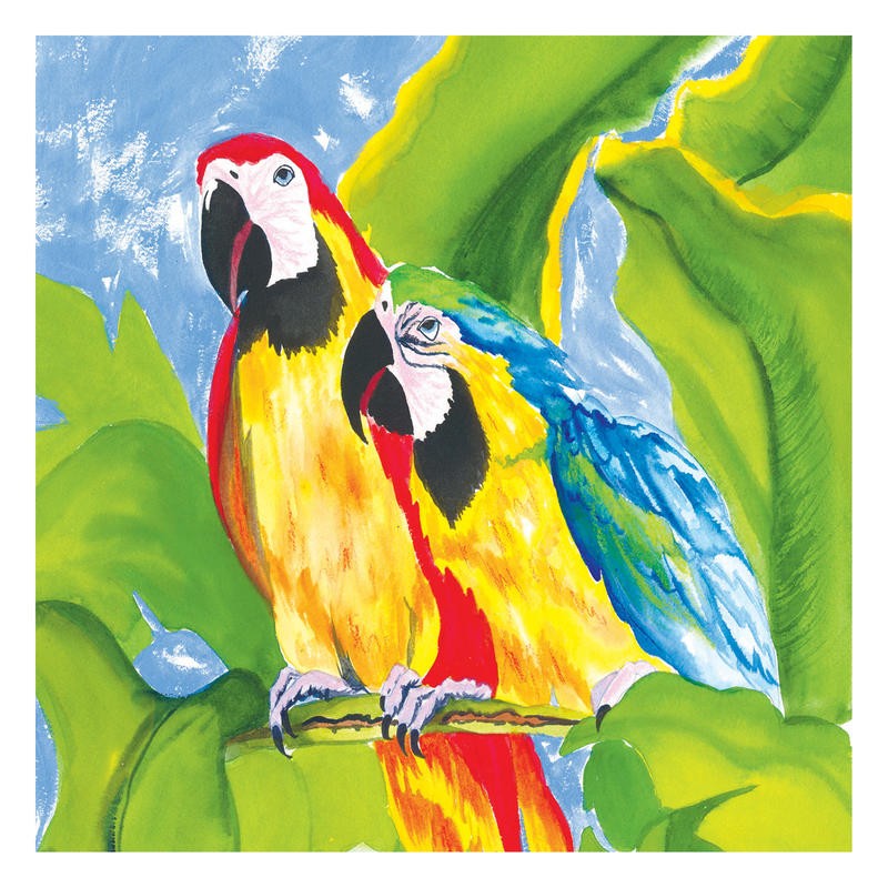 Anne Ormsby, PARROT PARADE II (Aras, Papageien, Vögel, Exotisch, Tierportrait, Malerei, Wunschgröße, Wohnzimmer, Treppenhaus, bunt)
