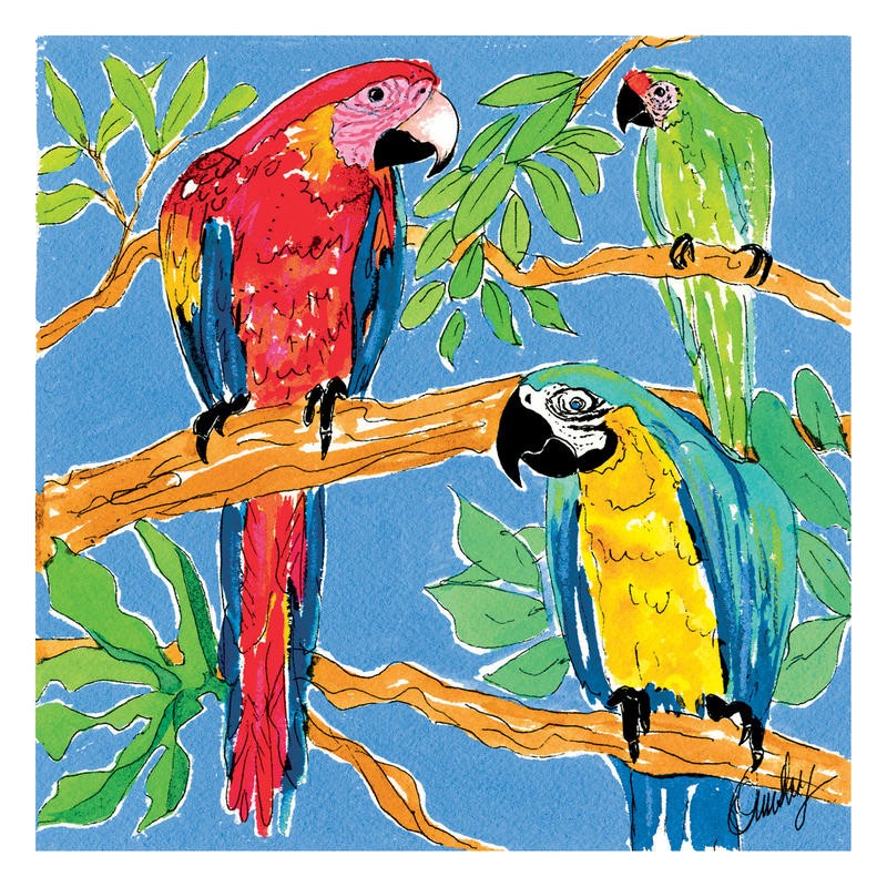 Anne Ormsby, PARROT PARADE III (Aras, Papageien, Vögel, Hellroter Ara, Gelbbrustara, Soldatenara, Exotisch, Tierportrait, Malerei, Wunschgröße, Wohnzimmer, Treppenhaus, bunt)