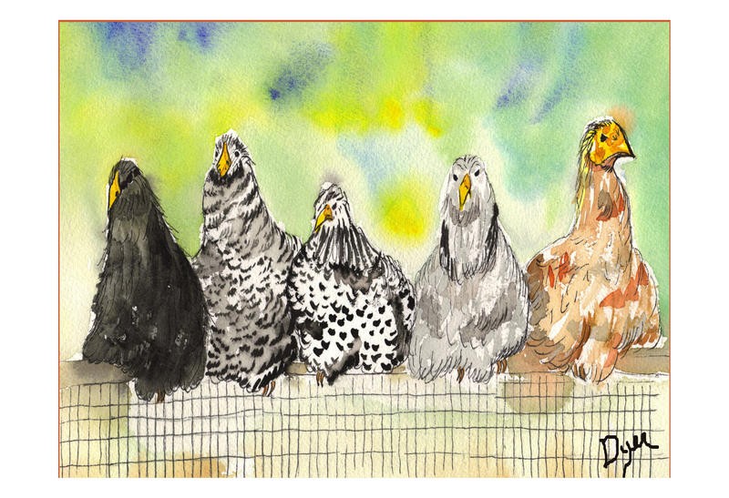 Beverly Dyer, FIVE HENS (Hühner, Typen, Hühner auf der Stange, witzig, lustig, Esszimmer, Wohnzimmer, Treppenhaus, Malerei, Wunschgröße, bunt)