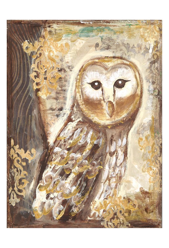 Erin Butson, BROWN CREAM GOLD OWLS I (Eule, Vogel, moderne Malerei, Wohnzimmer, Treppenhaus,   Wunschgröße, braun/beige)