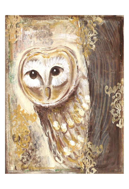 Erin Butson, BROWN CREAM GOLD OWLS II (Eule, Vogel, moderne Malerei, Wohnzimmer, Treppenhaus,   Wunschgröße, braun/beige)