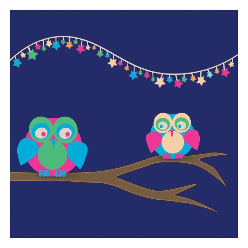 Lauren Gibbons, OWLS OF COLOR II (Eulen, Vögel, Ast, Lichterkette, Nachtszene, Grafik, naiv, plakativ, Treppenhaus, Kinderzimmer, Wunschgröße, bunt)