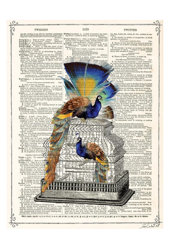 Tina Carlson, PEACOCKS CAGE II (Zeitung, Buchseite, Lexikon, Pfau, Vogel, Käfig,  Tiere, Grafik, Wunschgröße, Wohnzimmer, Treppenhaus, schwarz/weiß/bunt)