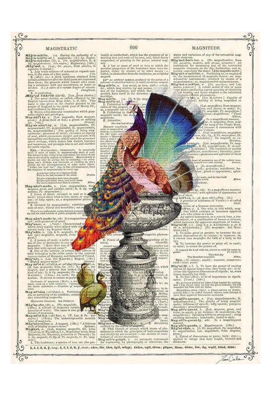 Tina Carlson, PEACOCKS CAGE III (Zeitung, Buchseite, Lexikon, Pfau, Vogel, Sockel,  Tiere, Grafik, Wunschgröße, Wohnzimmer, Treppenhaus, schwarz/weiß/bunt)