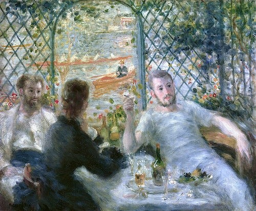 Pierre-Auguste Renoir, Die Mahlzeit im Restaurant Fournaise (Das Mittagessen der Ruderer). 1875 (Restaurant, Mittgessen, Personen, Männer, Frau, Laube, Pergola, Ruderer, Pause, Gespräch, Unterhaltung, Impressionismus, klassische Moderne, Wunschgröße, Wohnzimmer, Malerei)