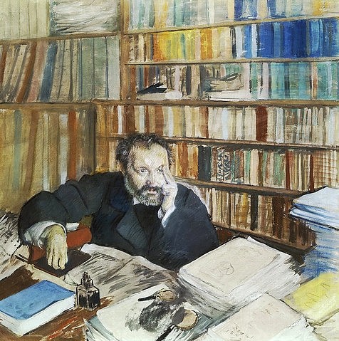 Edgar Degas, Edmond Duranty. 1879 (Degas,Edgar,1834-1917,Glasgow,Burrell Collection,Tempera,19. Jahrhundert,Wasserfarbe und Pastell auf Lwd.,Edgar Degas,Impressionismus,Portrait,Mann,Romancier,Arbeitszimmer,Papier,Papierstapel,Bücher,Bücherregal,nachdenklich,nachdenken,Autor,Schriftsteller)