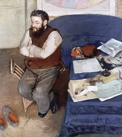 Edgar Degas, Diego Martelli. 1879 (Portrait,Impressionismus,19. Jahrhundert,Öl auf Leinwand,Edinburgh,National Gallery,1834-1917,Degas,Edgar,Degas,Edgar Degas,Mann,Schreibtisch,Diego Martelli,Büro,Arbeitszimmer,Kunstkritiker,Papiere,Blick von oben,Perspektive,Italiener,rundlich, französisc)