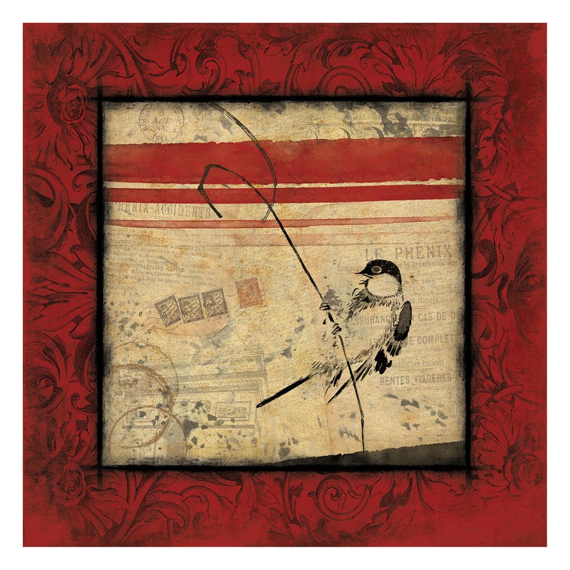Jace Grey, LE BIRD I (Vogel, Tier, Halm, Nostalgie, Leichtigkeit, Brief, Briefmarken, Bild im Bild, Bilderrahmen, Ornamente, Wunschgröße, beige-rot-schwarz)