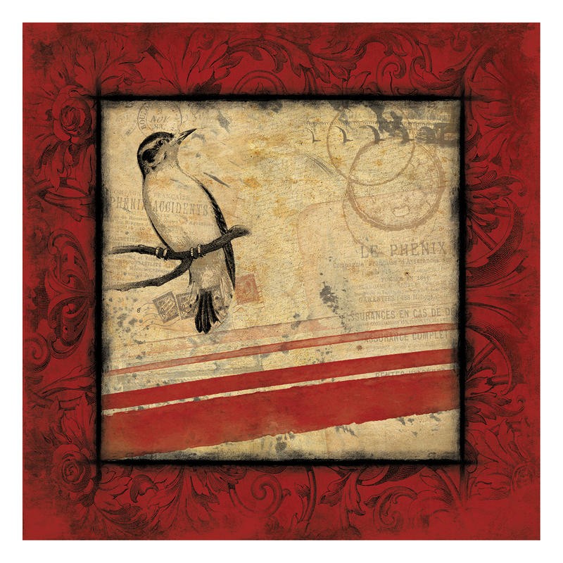 Jace Grey, LE BIRD II (Vogel, Tier, Ast, Nostalgie,   Brief, Briefmarken, Bild im Bild, Bilderrahmen, Ornamente, Wunschgröße, beige-rot-schwarz)