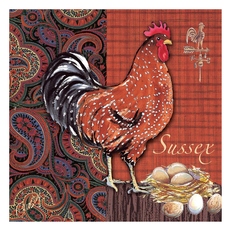 Anne Ormsby, CHICKEN RUN II (Huhn, Nest, Eier, Muster, Paisley, Ornamente, Malerei, bäuerlich, Wunschgröße, Wohnzimmer, Esszimmer, Treppenhaus, bunt)