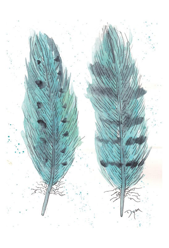 Beverly Dyer, FEATHERS IN TURQUOISE I (Federn, Vogelfedern,  Schlafzimmer, Wohnzimmer, Treppenhaus, Malerei, Wunschgröße, türkis)