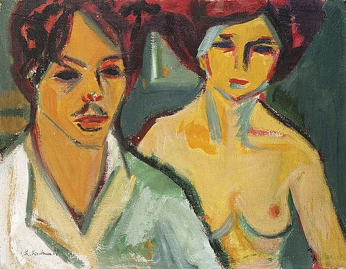 Ernst Ludwig Kirchner, Selbstbildnis mit Modell. 1905 (Kirchner,Ernst Ludwig,1880-1938,Christie's Images Ltd,Öl auf Leinwand,20. Jahrhundert,Ernst Ludwig Kirchner Expressionismus Brücke Brust Brustbild Mann Frau zwei Modell Aktmodell Schnurrbart Selbstportrait Künstlerportrait)
