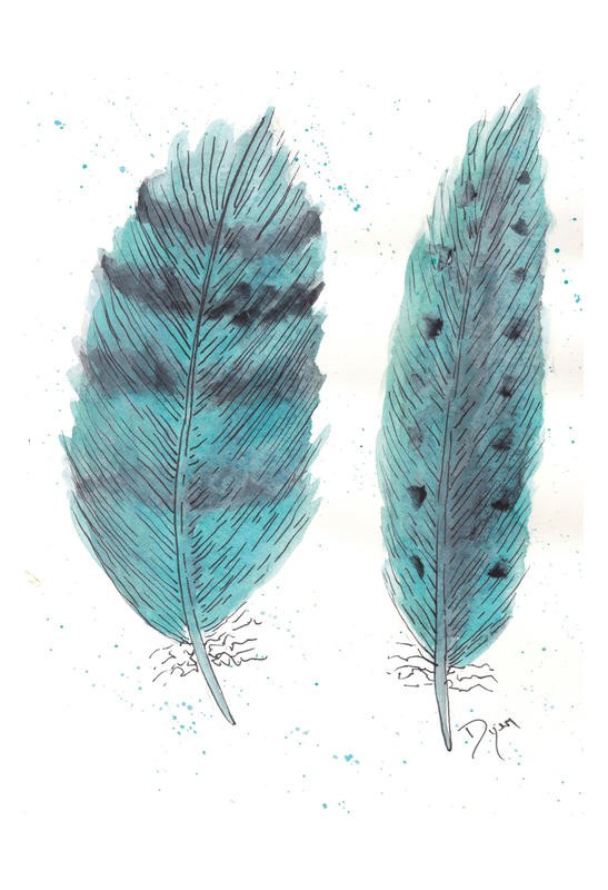 Beverly Dyer, FEATHERS IN TURQUOISE II (Federn, Vogelfedern,  Schlafzimmer, Wohnzimmer, Treppenhaus, Malerei, Wunschgröße, türkis)