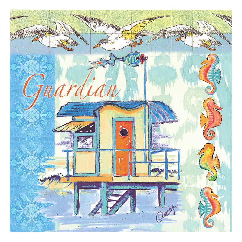 Anne Ormsby, GUARDIAN (Meeresbrise, Meer, Strandwache, Wachhäuschen, Möwen, Seepferdchen, Ornamente, maritim, Malerei, Wunschgröße, Wohnzimmer, Treppenhaus, bunt)