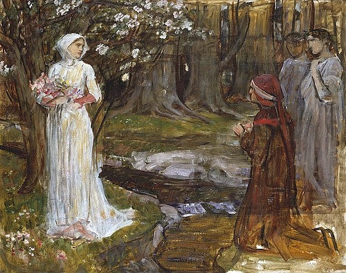 John William Waterhouse, Dante und Beatrice. 1915 (Wald, Liebespaar, Paar, Tragödie, Dante, Beatrice, Literatur, Symbolismus, Präraffaeliten, Klassiker, Schlafzimmer, Wohnzimmer, Wunschgröße, bunt)