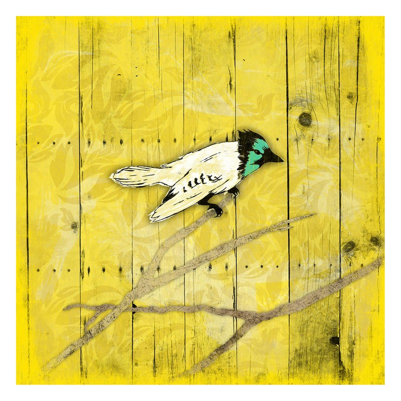 Jace Grey, HUE BIRD YELLOW II (Vogel, Tier, Ast, Nostalgie,   filigran, zart, gelbe Paneele, Holzlatten, retro, Wunschgröße, Treppenhaus, gelb)