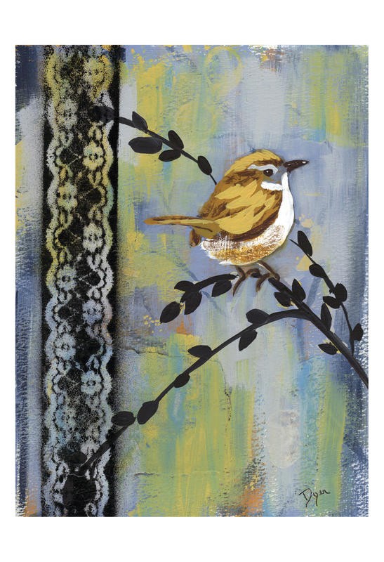 Beverly Dyer, BIRD SONG BUDS I (Vogel, Zweig, abstrahierter Hintergrund, niedlich, Wohnzimmer, Treppenhaus, Malerei, Wunschgröße, bunt)
