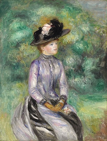 Pierre-Auguste Renoir, Adrienne. Um 1878 (Portrait, Frau, Eleganz, schwarzer Hut, Handschuhe, Park, Grünanlage, Impressionismus, klassische Moderne, Wunschgröße, Wohnzimmer, Malerei)