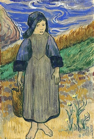 Paul Gauguin, Junge Bretonin am Meer. 1889 (Gauguin,Paul,1848-1903,Christie's Images Ltd,Gouache/Aquarell,19. Jahrhundert,farbige Wachskreiden,Bleistift auf Papier,Paul Gauguin Post-Impressionismus Bretagne Mädchen bäuerlich barfuß Kind Korb portrait Küste Fischermädchen steif traditionelle Kleidun)
