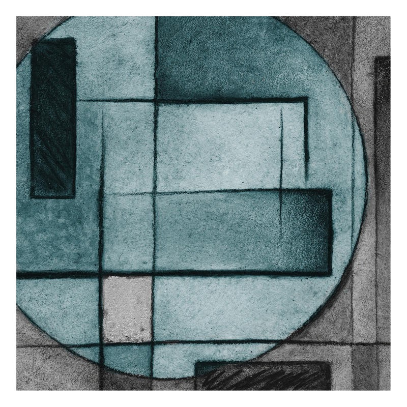 Kristin Emery, BLUE CIRCLE BOX I (Abstrakt, Malerei, geometrische Formen, Kreis, Linien, Rechtecke, modern, zeitgenössisch, Wohnzimmer, Treppenhaus, Wunschgröße, grau/blau)