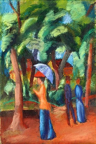 August Macke, Spaziergang im Park. 1914 (Macke,August,1887-1914,Christie's Images Ltd,Gouache,Wasserfarbe,Pastell und Gummi arabicum auf dickem Papier,Macke,August Macke,20. Jahrhundert,Frau,Spaziergang,spazieren gehen,Spaziergängerin,Schirm,Sonnenschirm,Park,idyllisch,Harmonie,harmonisch,Garten)