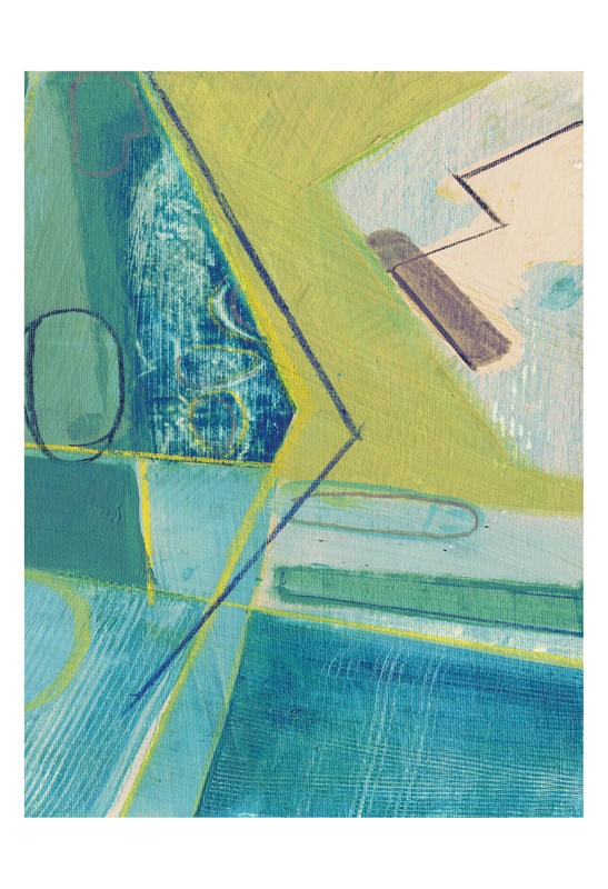 Smith Haynes, JET SKI II (Abstrakt, Malerei, geometrische Formen, Oval,Linien, Zacken,  Farbflächen, modern, Wohnzimmer, Treppenhaus, Büro, Wunschgröße, türkis/gelb)