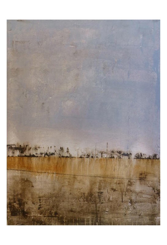 Jamie Watson, FORSAKEN LAND I (Landschaft, Landschaftsmalerei, abstrahiert, Malerei, modern, vertikale Stratigraphie, Wunschgröße, Wohnzimmer, Büro, Business, bunt)