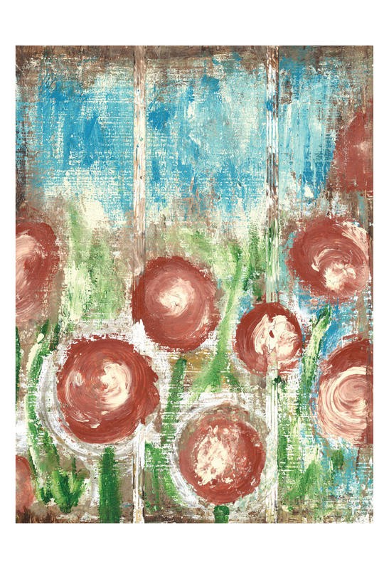 Erin Butson, SUNRISE BLOOM I (Abstrakte Malerei, Muster, Blumenmuster, Frühling, Malerei, Wohnzimmer, Treppenhaus,   Wunschgröße, rot/grün)