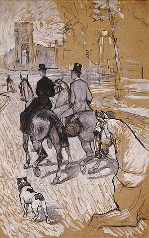 Henri de Toulouse-Lautrec, Reiter auf dem Weg zum Bois du Bolougne. 1888 (Toulouse-Lautrec,Henri de,1864-1901,Christie's Images Ltd,Gouache auf Karton,19. Jahrhundert,Pferde,Paris)
