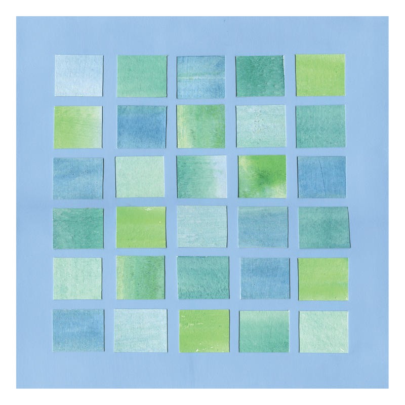 Patti Sechi, BLUE SQUARE I (Muster, Kachelmuster, Quadrate, geometrisch, Küche, Treppenhaus, Wohnzimmer, Wunschgröße, Malerei, grün/blau)