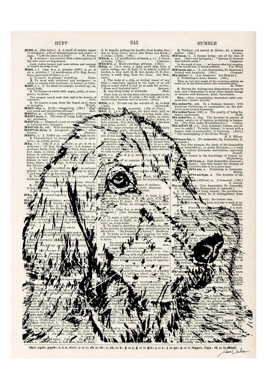 Tina Carlson, THE NEWSPAPER III (Zeitung, Buchseite, Lexikon, Hund, Tierportrait, Grafik, Wunschgröße, Wohnzimmer, Treppenhaus, schwarz/weiß/sepia)