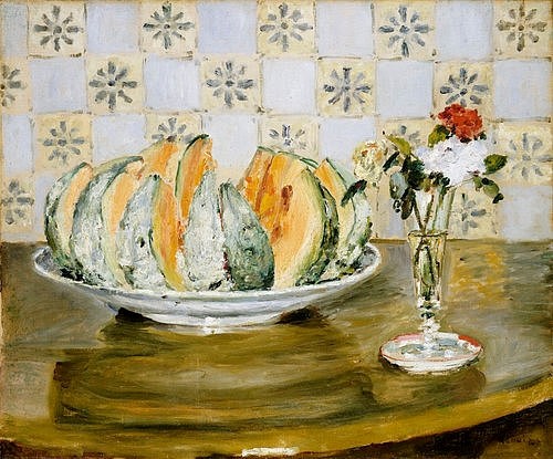 Pierre-Auguste Renoir, Stillleben mit Melone und einer Vase mit Blumen. 1883 (Stillleben, Früchte, Obst,  Melone, Blumenvase, Blumen,  Impressionismus, klassische Moderne, Wunschgröße, Wohnzimmer, Eszimmer, Küche, Malerei)