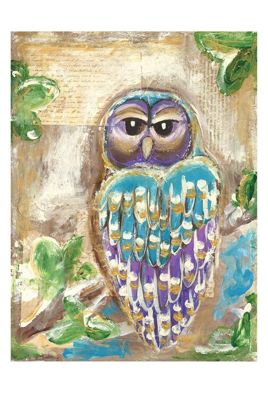 Erin Butson, PURPLE BLUE OWLS II (Eule, Vogel, moderne Malerei, Wohnzimmer, Treppenhaus,   Wunschgröße, bunt)