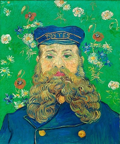 Vincent van Gogh, Bildnis von Joseph Roulin. 1889 (Gogh,Vincent van,1853-1890,Otterlo,Museum Kröller-Müller,Öl auf Leinwand,Briefträger,Postbote,Mütze,Vollbart,Bart,Mann,Portrait,Tapete,Kopf,Brustbild)