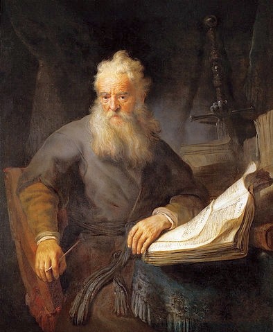 Rembrandt van Rijn, Apostel Paulus. 1633 (?) (Rembrandt van Rijn,1606-1669,Wien,Kunsthistorisches Museum,Leinwand,17. Jahrhundert,Rembrandt,Paulus,Heiliger,alt,Greis,Bart,Vollbart,Buch,schreiben,verfassen,grauhaarig,weise,Weisheit,Mann)