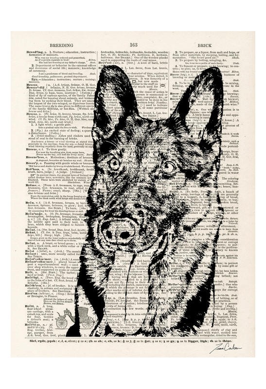 Tina Carlson, THE NEWSPAPER I (Zeitung, Buchseite, Lexikon, Hund, Schäferhund, Tierportrait, Grafik, Wunschgröße, Wohnzimmer, Treppenhaus, schwarz/weiß/sepia)