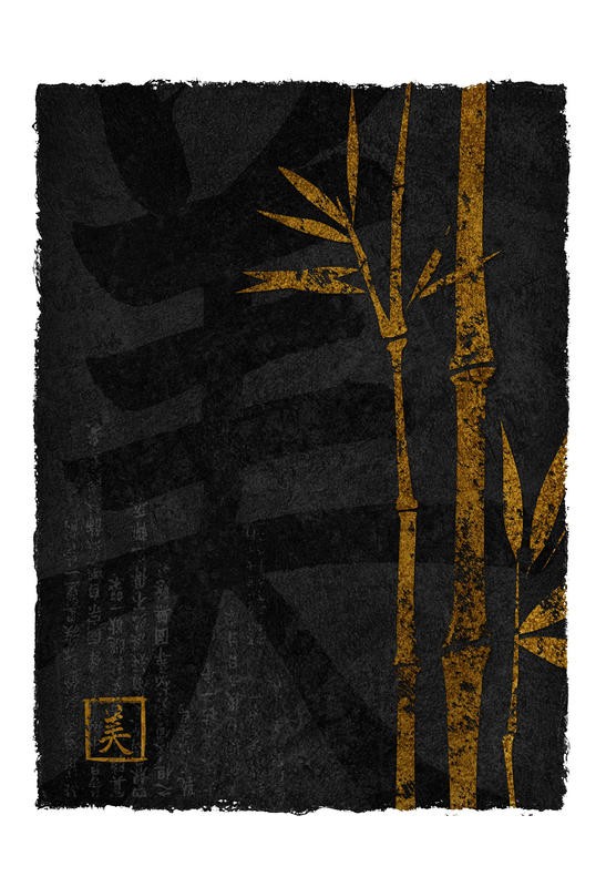 Kristin Emery, BAMBOO II (Bambus, Blätter, Grafik, modern, Wohnzimmer, Treppenhaus, Schlafzimmer, Grafik, Wunschgröße, schwarz/ocker)