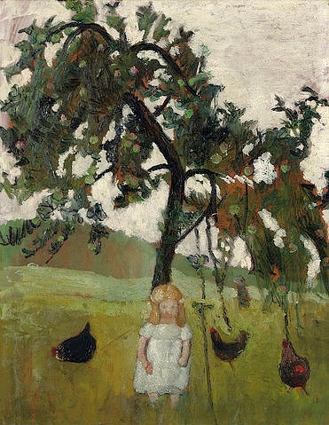 Paula Modersohn-Becker, Elsbeth mit Hühnern unter Apfelbaum. 1902 (Christie's Images Ltd,Modersohn-Becker,Paula,1876-1907,Öl/Karton,auf Leinwand aufgezogen,Paula Modersohn-Becker,Kind,Mädchen,Baum,Apfelbaum,Obstbaum,Garten,weißes Kleid,Hühner,Worpswede)