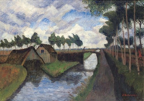 Otto Modersohn, Rautendorfer Graben mit Bootsschuppen bei Worpswede. Um 1927 (Worpswede,  Kanal, Graben, Birken, Allee, Schuppen, Wind, Landschaft, Landschaftsmalerei,  Künstlerkolonie Worpswede, Klassische Moderne,   Wohnzimmer, Treppenhaus, Wunschgröße)