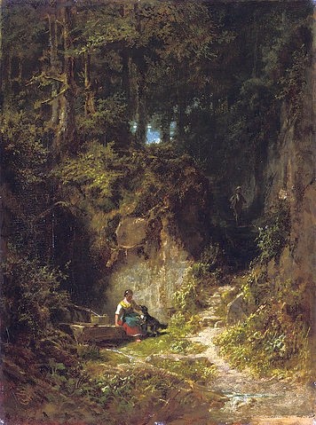 Carl Spitzweg, Waldlandschaft. (Malerei, Klassiker, Landschaft, Felsen, Tal, Frau, Hund, Rast, Idylle, Wunschgröße, Spätromantik, Wohnzimmer, Treppenhaus, bunt)