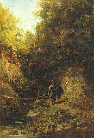 Carl Spitzweg, Zwei Kinder im Wald. (Malerei, Klassiker, Landschaft, Wald, Kinder, Mädchen und Junge, Bach, Idylle, Wunschgröße, Spätromantik, Wohnzimmer, Treppenhaus, bunt)