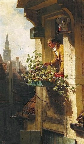 Carl Spitzweg, Mann beim Gießen des Blumenkastens (Die Dachstube I) (Spitzweg,Carl,Christie's Images Ltd,Öl auf Leinwand,19. Jahrhundert,Umkreis,Spitzweg,Carl Spitzweg,Fenster,Idylle,Biedermeier,Blumenkasten,Blumen gießen,Hobby,Blumenliebhaber,grüner Daumen,Städter,Stadtbewohner)